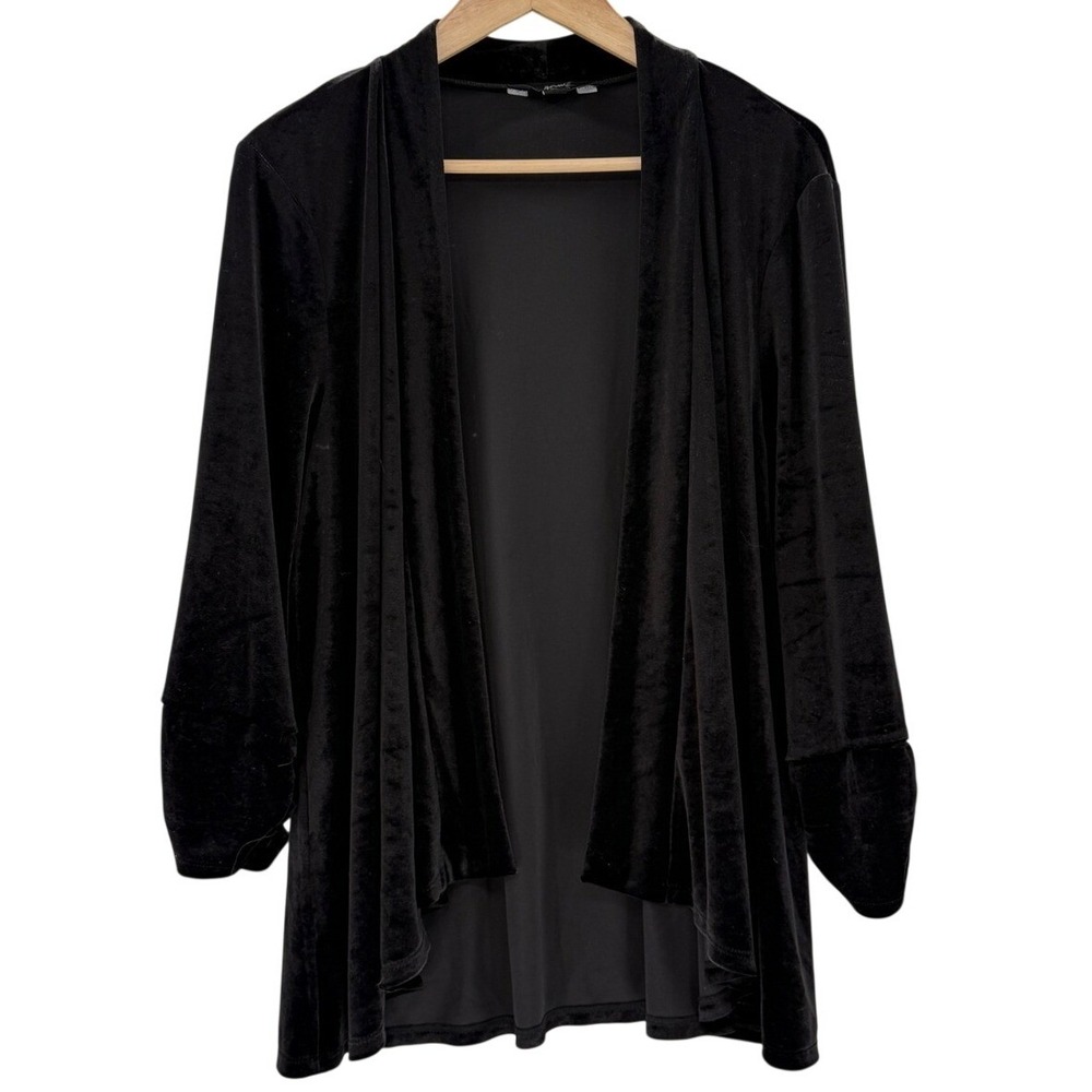 GNW Women Plus Size 1X Black Velvet Open Front Cardigan Ruched 3/4 Sleeve Shawl
